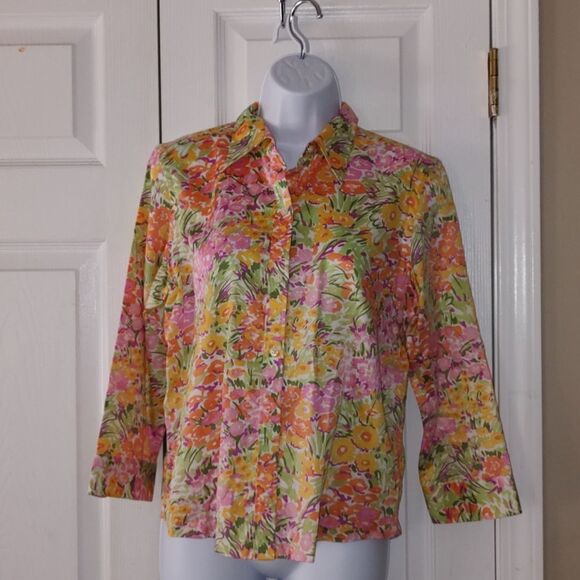 Lauren Ralph Lauren Petite  abstract print long sleeve button down shirt  Sz MP - Picture 1 of 4